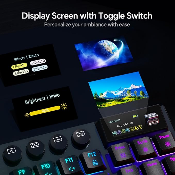 Hexgears Immersion A3 Low-Profile Wireless Mechanical Keyboard, TKL Hot-Swappable Aluminum Gaming Keyboard, BT5.0/2.4GHz/USB-C Tactile Switches, RGB Backlit, TFT Screen & 5800mAh Battery for Pc/Mac