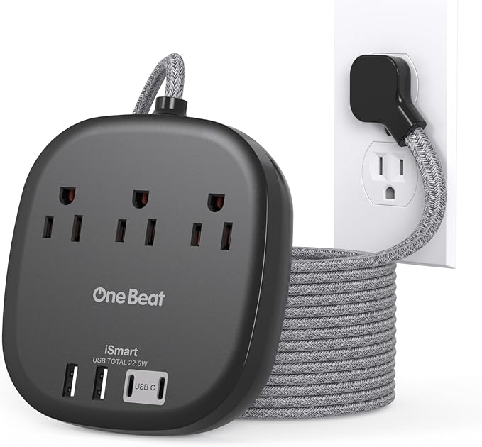 10 Ft Long Extension Cord, Cruise Ship Travel Essentials, 22.5W/4.5A Flat Plug Power Strip with 3 Outlets 4 USB Ports (2 USB C), 10ft Black Power Strip No Surge Protection, Desktop Charging Station