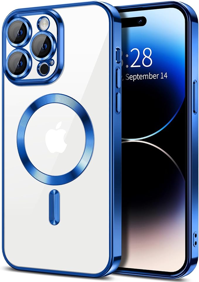 Hython Magnetic Clear for iPhone 14 Pro Case with Camera Lens Protector [Compatible with MagSafe] Luxury Plating Edge Slim Soft TPU Cover Protective Phone Case for iPhone 14 Pro 6.1", Deep Blue