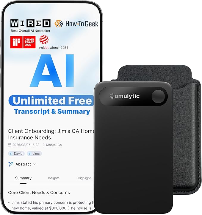 Comulytic Note Pro AI Voice Recorder, Unlimited Transcribe & Summarize, AI Note Taking Recording Device w/Case, App Control, 113 Languages for Calls, Meetings, Lectures, Interviews, Black