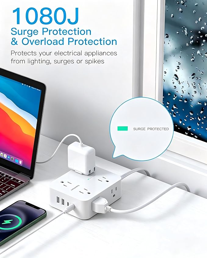 15 Ft Long Extension Cord with Ultra-Thin Flat Plug, 8 Widely Spaced Outlets & 4 USB Ports (2 USB C), 1080J Surge Protected Power Strip for Home Office, College Dorm Room Essentials, Wall Mount