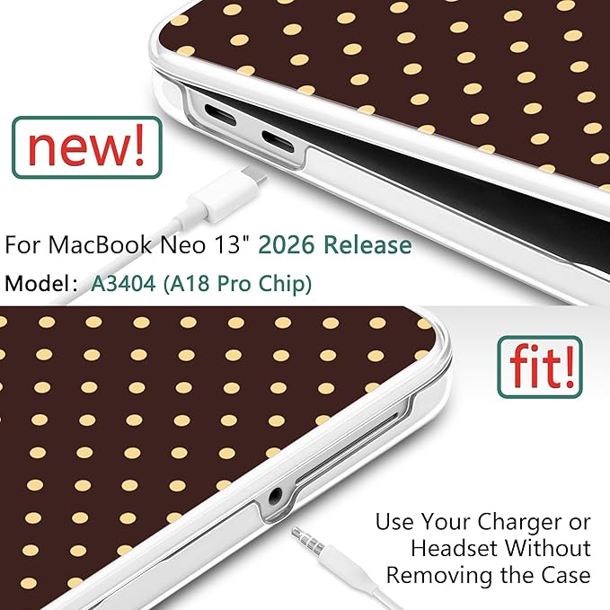 DONGKE for MacBook Neo 13 Inch Case 2026 (Model A3404, A18 Pro chip), Stylish Pattern Protective Hard Shell with Screen Protector, Keyboard Cover & USB-C Adapter - Brown Polka Dots