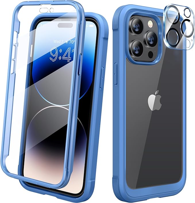 Diaclara Designed for iPhone 14 Pro Case 6.1’’, Full Body Rugged Protective Case+ Camera Lens Protector w/Built-in Touch Sensitive Anti-Scratch Screen Protector, Bumper (Blue)