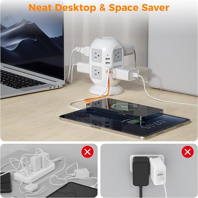 TESSAN Tower Surge Protector Power Strip 15 ft, Long Flat Extension Cord with Multiple Outlets, 8 AC Outlets with 4 USB Ports (1 USB C), Charging Station with Surge Protection, for Home Office Dorm
