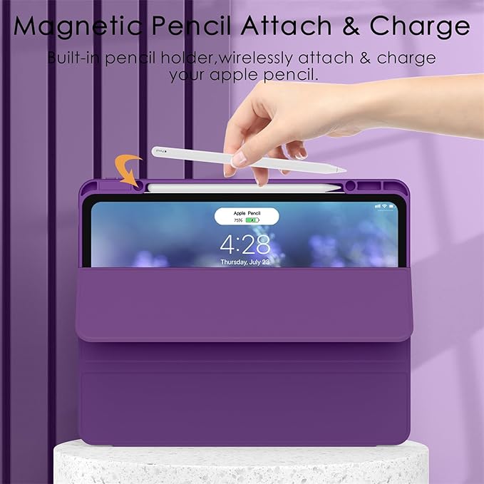 Soke Case for iPad Pro 12.9 Inch (6th/5th/4th/3rd Generation, 2022/2021/2020/2018) - Pencil Holder + Auto Sleep/Wake + Camera Protection, Transparent Shockproof Back Cover, Purple