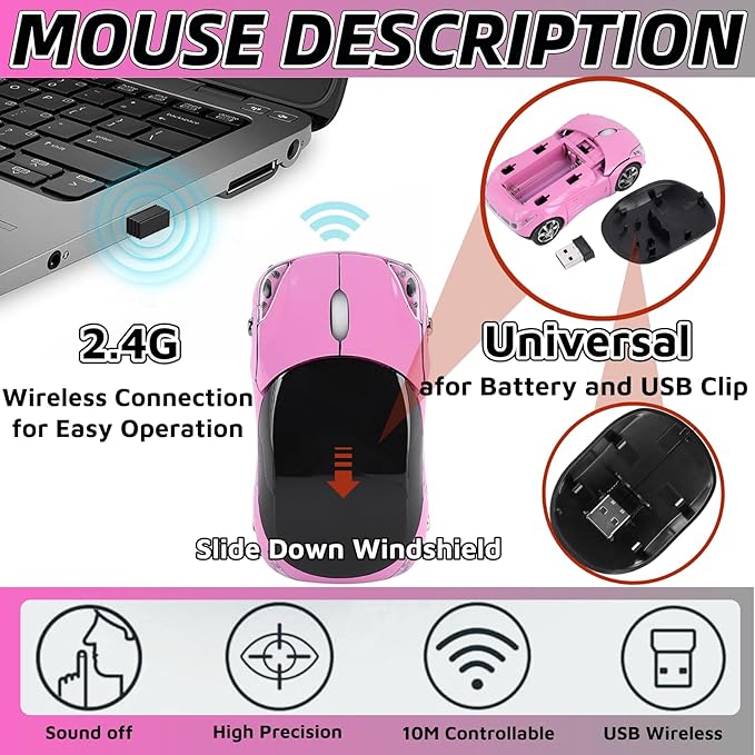Pink Wireless Mouse，Mini Car Computer Mouse，1600DPI 2.4G Wireless with USB Receiver Wirelesss Car Mouses for Computer for PC, Laptop, Tablet Win XP/Vista/7/ME/2000/Mac OS for Womens Office Girls Gift