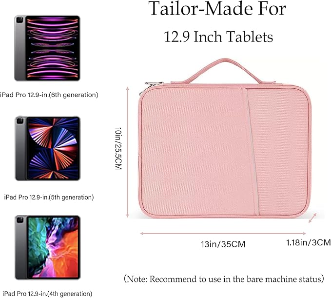Crienten 12.9 Inch Tablet Sleeve Bag for Women Fits iPad Pro 12.9 M2 2022/2021/2020/2018/Pro 12.9 2017, Surface Laptop Go 12.4", Galaxy Tab S8+ 12.4", Waterproof Bag Carrying Case with Pocket (Pink)