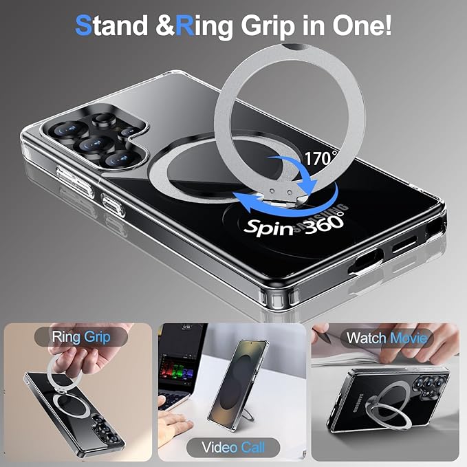 360°Ring Stand for Samsung Galaxy S25 Ultra Case with 1X Screen Protector +1X Camera Cover,Fit for MagSafe, Anti-Yellowing & Scratch-Resistant Back Phone Case for Galaxy S25 Ultra 6.9", Clear