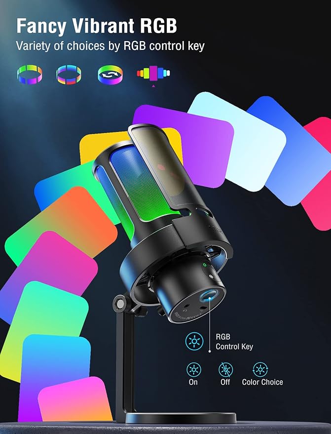 FIFINE Gaming USB Microphone, PC Computer Mic with 4 Polar Patterns for Podcast Streaming Recording YouTube, RGB Condenser Desktop Mic for Windows, Mac, with Headphone Jack-AmpliGame A8 Plus