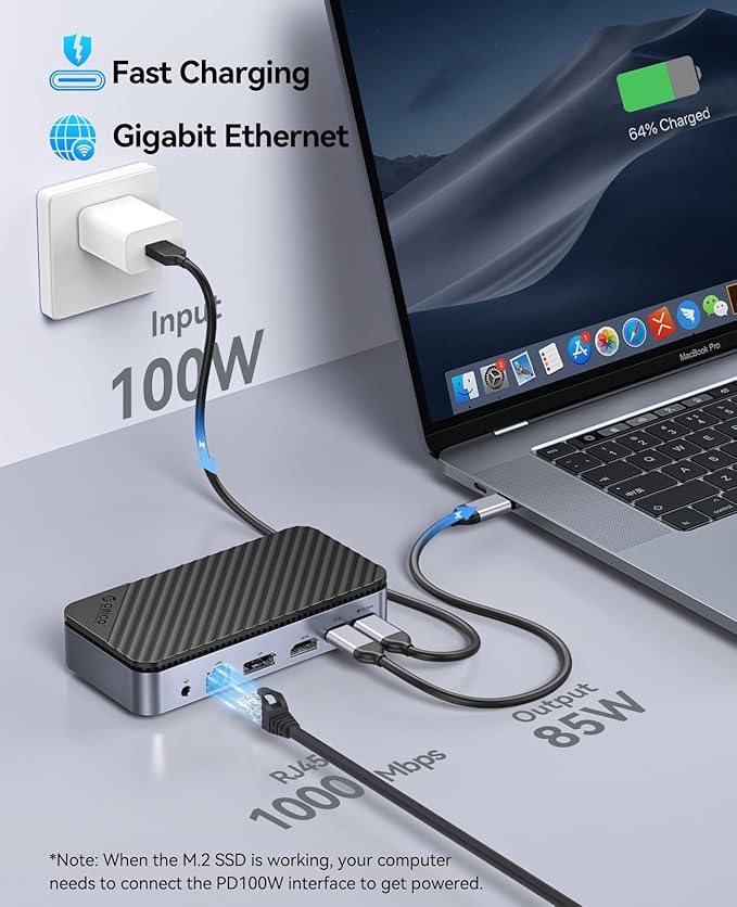 ORICO 12-in-1 USB C Hub with M.2 SSD Enclosure 10Gbps, Tool-Free USB C Docking Station with Built-in Fan, HDMI, DP, Gigabit Ethernet, 100W PD, SD/TF, Audio/Mic, USB A & Type C for Laptop Mac-M2P11