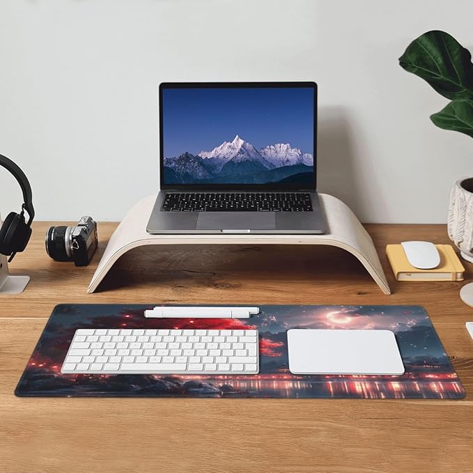 Gaming Mouse Pad Desk Pad,Extended Big Mouse Pad,31.5x11.8 Inch Long Computer Keyboard Mouse Mat Mousepad with 3mm Non-Slip Base and Stitched Edge for Gaming and Office… (Night Lake)