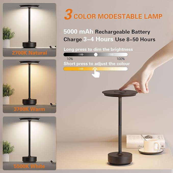 Rechargeable Cordless Table Lamps, Portable 5000mAh Battery Table Light, 3 Color Stepless Dimming LED Table Light,Suitable for Terrace, Western Restaurant, Cafe(with Memory Function)