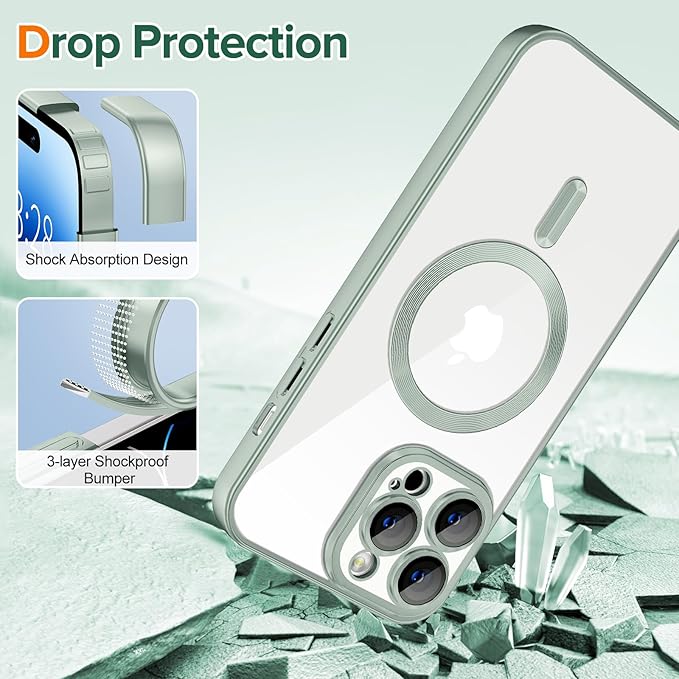 Hython Magnetic Clear for iPhone 14 Pro Max Case with Camera Lens Protector [Compatible with MagSafe] Plating Edge Slim Soft TPU Cover Protective Phone Case for iPhone 14 Pro Max 6.7", Matte Mint