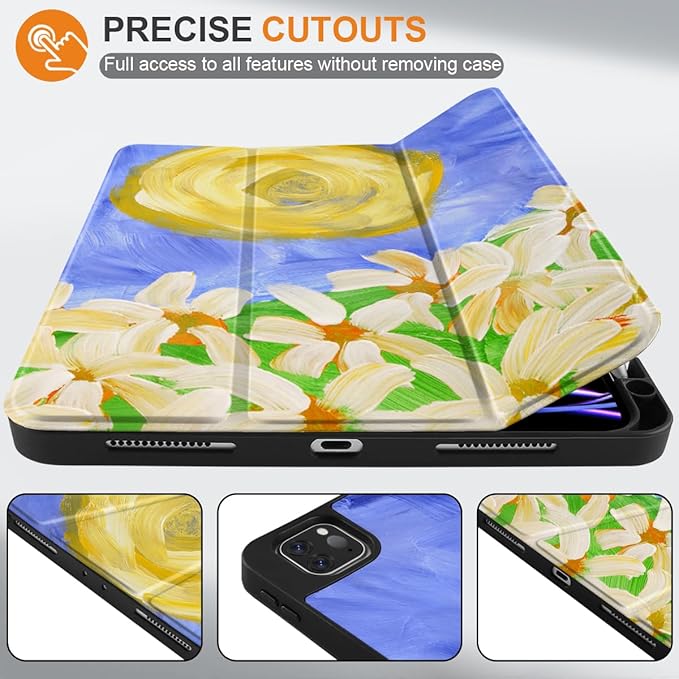 MEEgoodo for iPad Pro 12.9 Case M2 6th/5th/4th/3rd Generation 2022 2021 2020 2018 with Pencil Holder, Tablet Cover with Soft TPU Back Shell, Summer Flowers