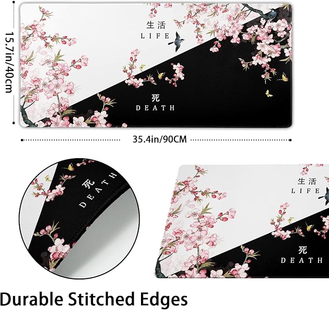 XXL Large Gaming Mouse Pad, Pink Sakura Death Life Extended Desk Pad Non-Slip Rubber Base 35.4x15.7in with Stitched Edges Waterproof Full Desk Pads Computer Gaming Mousepads for Work/Game/Office