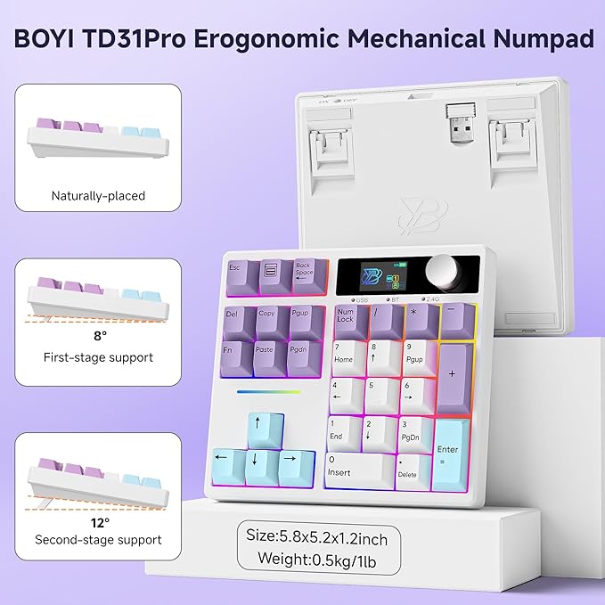 BOYI TD31Pro Mechanical Number Pad,Bluetooth5.0/2.4G/Type-C Wireless Numeric Keypad,RGB HotSwap Numpad with Screen&Knob,PBT Keycap Rechargeable Gasket Number keypad for PC Laptop Desktop(White-Purple)