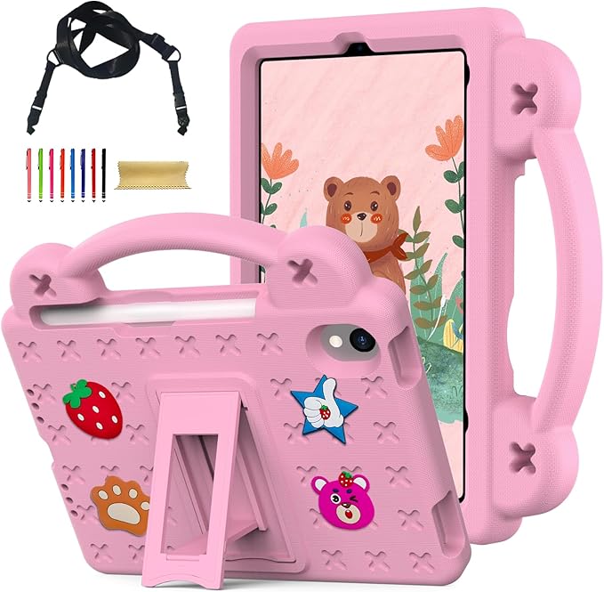 for iPad mini 7 Case A17 Pro,iPad mini 6 Case, Shoulder Strap Shockproof Cute DIY Figures Design Handle Stand Protective Rugged Case for Apple iPad mini 7th 6th Generation 8.3",Pink