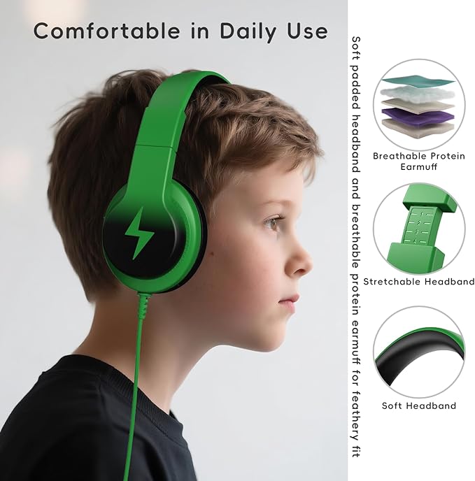 Candy Bila Kids Headphones, Wired Headphones for Kids Over Ear with Microphone, 85/94dB Volume Limiter Headphone for Girls Boys, Foldable Headphone for Learning & Entertainment, Black and Green