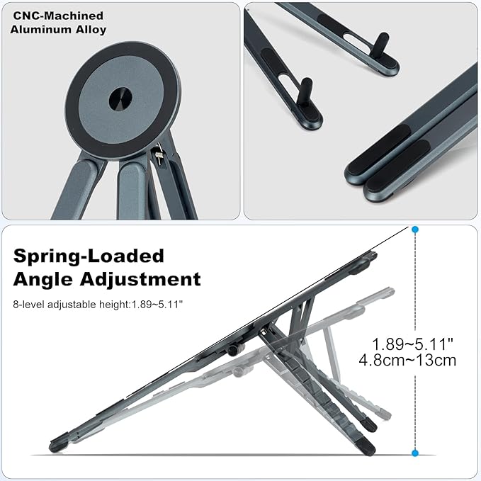 koolehaoda Portable Laptop Stand for Desk & Travel, CNC Aluminum Foldable Computer Riser Magnetic Grip Multi-Angle Support Stand for MagSafe,MacBook,iPhone,iPad, 4–16" Phones,Tablets and Laptops