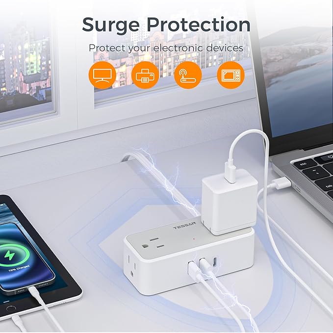 TESSAN Flat Plug Extension Cord 5 FT, Surge Protector Power Strip with 4 AC Outlets 1 USB C and 2 USB A Ports, 900 Joules Protection, Multiple Wall Outlet Extender Suitable for Office Dorm, Grey