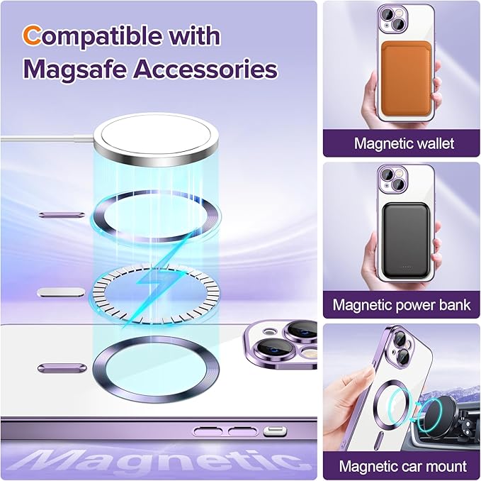 Hython Magnetic Clear for iPhone 15 Case with Camera Lens Protector [Compatible with MagSafe] Luxury Plating Edge Slim Soft TPU Cover Protective Phone Case for iPhone 15 6.1", Deep Purple
