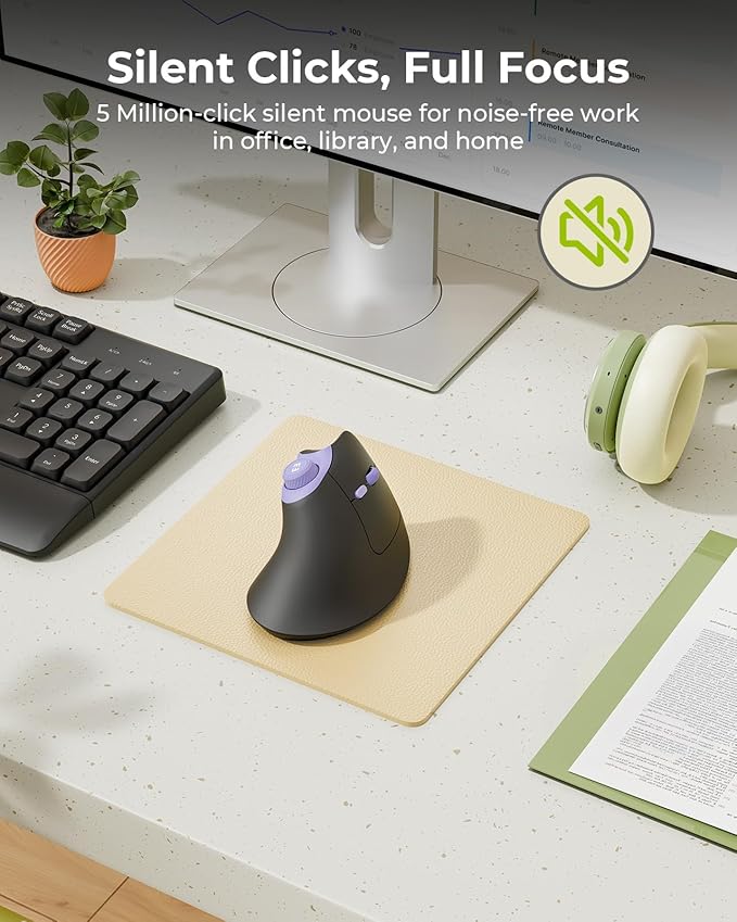 seenda Ergonomic Mouse Wireless, MOU-302 Bluetooth Vertical Mouse Rechargeable, Volume Knob, Silent Mice & 1000/1600/2400 DPI, 3 Multi-Device Connection for Windows/PC/Laptop/Mac/MacBook, Black Purple