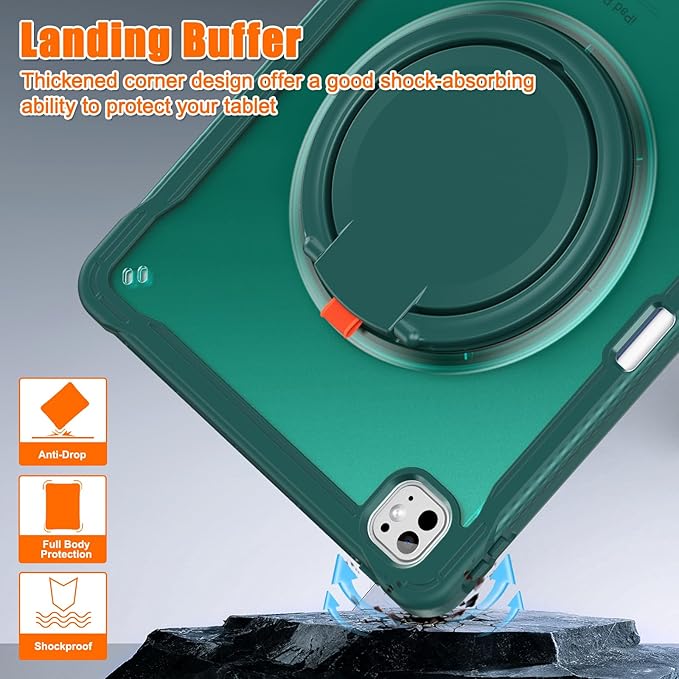 Batianda for iPad Pro 13 inch Case 2025 M5 2024 M4 Chip Lightweight Dual-Layer Protective Tablet Cover, Durable Shock-Absorbing Corners with 360° Rotating Kickstand Ring Built-in Pen Slot, Teal