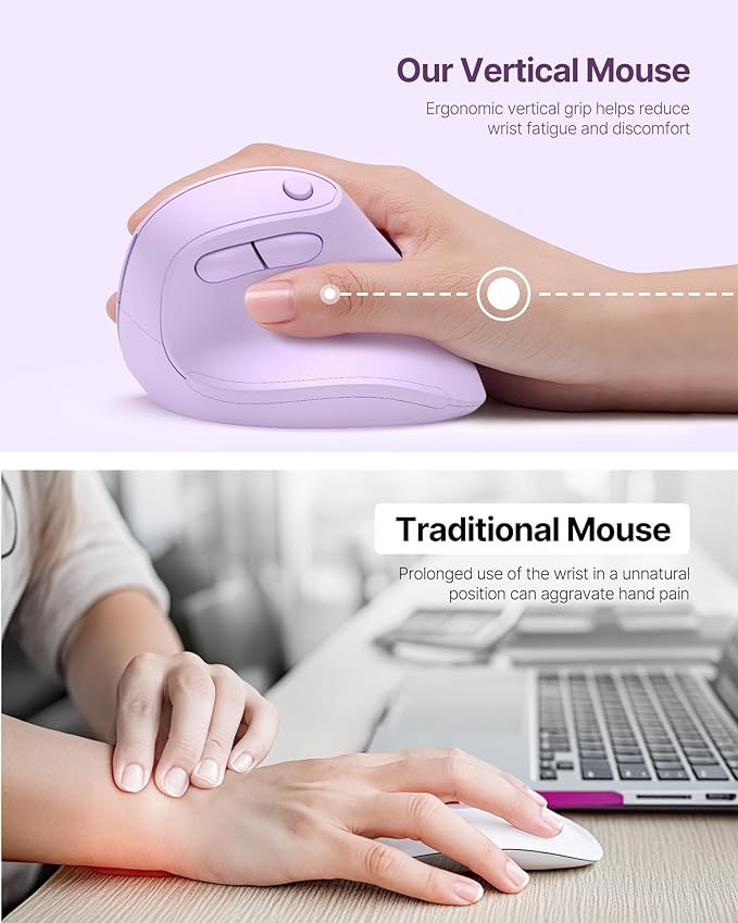 Ergonomic Mouse, USB+Bluetooth Dual Connection, Wireless Vertical Mouse for Reducing Wrist Pain, 1000/1600/2400 DPI, Ergo Mouse with Quiet Click for Windows Mac OS PC Computer Laptop, Purple