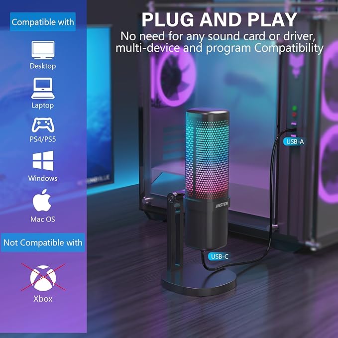 ANSTEN Gaming Mic, USB Condenser Microphone for PC/PS4/PS5/ Mac, RGB, Mute Touch, Pop Filter, Gain Knob, Monitoring for Streaming Podcast