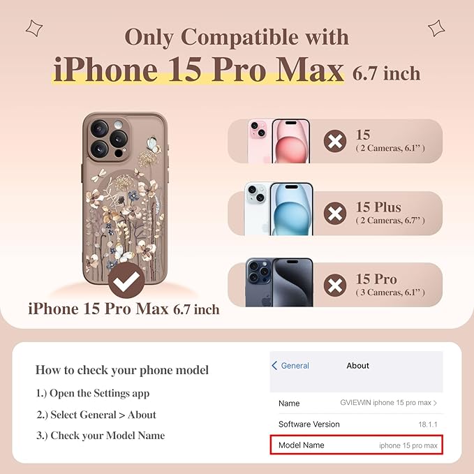 GVIEWIN for iPhone 15 Pro Max Case Compatible with MagSafe, [Military Grade Protection] [Screen Protector] Full Camera Protection Floral Translucent Women Magnetic Phone Case, Autumnflit/Brown