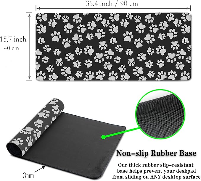 Keyboard Mousepad Black White, Big Mouse Pad Office Desk Pad Non-Slip Rubber Base Waterproof with Stitched Edges, 35.4" X 15.7" for Work/Game/Office/Home Dog Paw. Cat Footprint Dog Paw