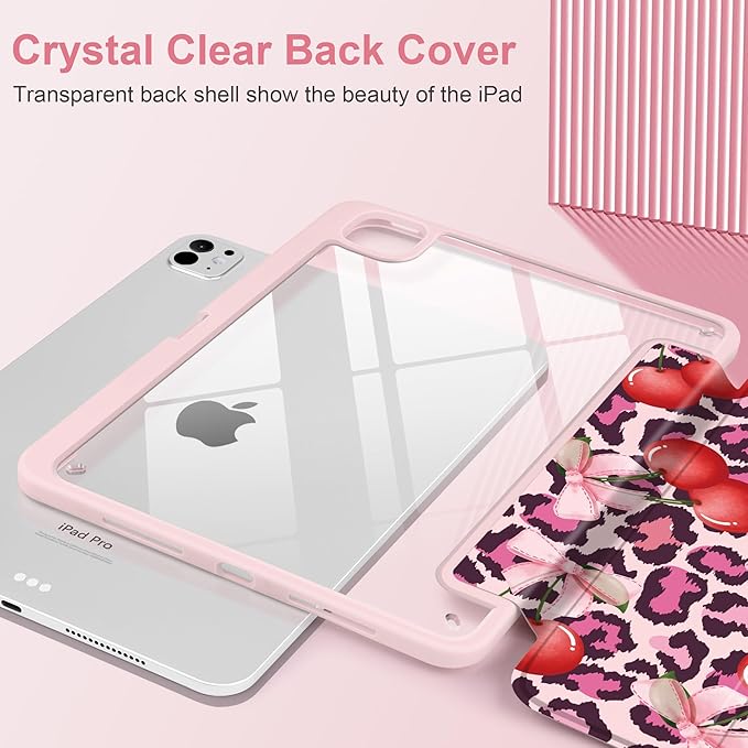Case for iPad Pro 11 inch (M5) 2025 (M4) 2024 Release with Pencil Holder - Aesthetic Cute Design Trifold Cover with Soft TPU Bumper Clear Back Auto Sleep/Wake for Girls Women, Leopard Print