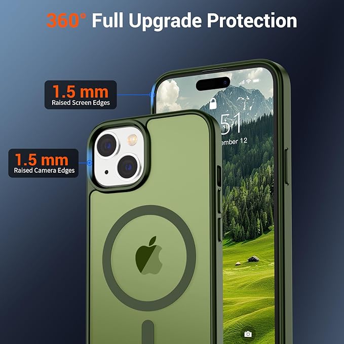SUPFINE Magnetic for iPhone 15 Case (Compatible with MagSafe) (Military Grade Drop Protection) Slim Translucent Matte Shockproof with Anti-Fingerprint Phone Case, Cangling Green