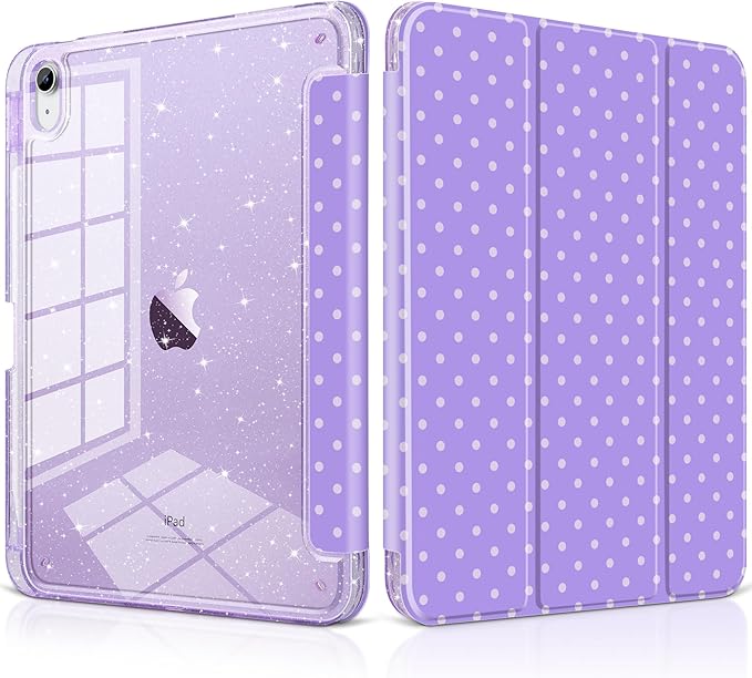 DONGKE for iPad Pro 11 inch Case – Fits M5 2025 / M4 2024, Shockproof Sparkling Glitter Acrylic Back, Pencil Holder, Trifold Stand, Auto Sleep/Wake & Touch ID Support - Purple Polka Dot