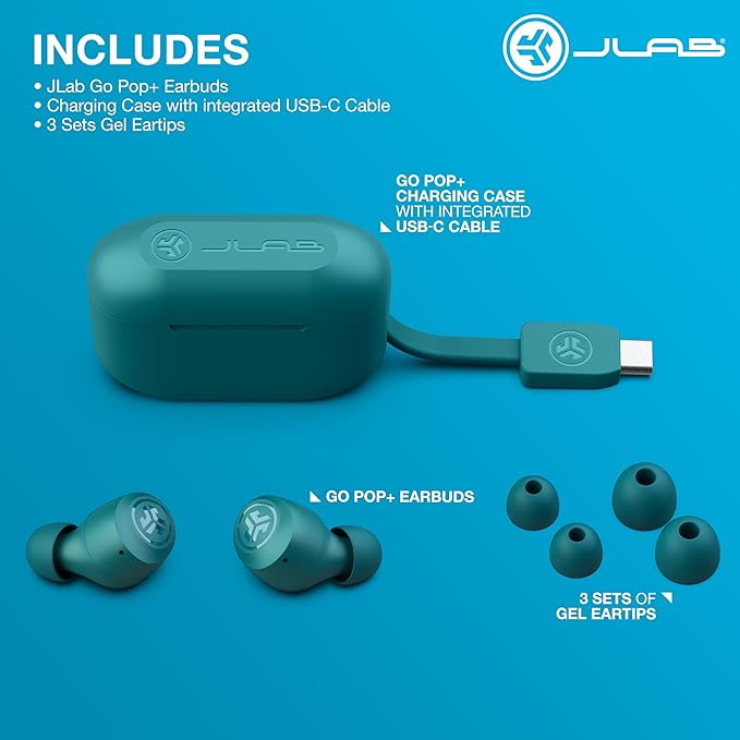 JLab Go Air Pop+, True Wireless Earbuds, Bluetooth Earbuds with Microphone, Dual Connect, USB-C Charging Case, Teal