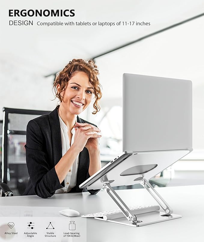 BoYata Laptop Stand, Adjustable Multi-Angle Laptop Holder, Compatible for Laptops up to 17 inches, Sturdy Aluminum & Silicone, Silver