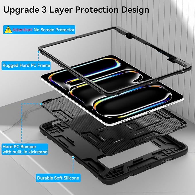 Case for iPad Pro 13 Inch Case (M5 2025/ M4 2024) with Pencil Holder, Built-in Stand, Military Grade Shockproof Protective Cover for iPad Pro 13" 8th/ 7th, Black