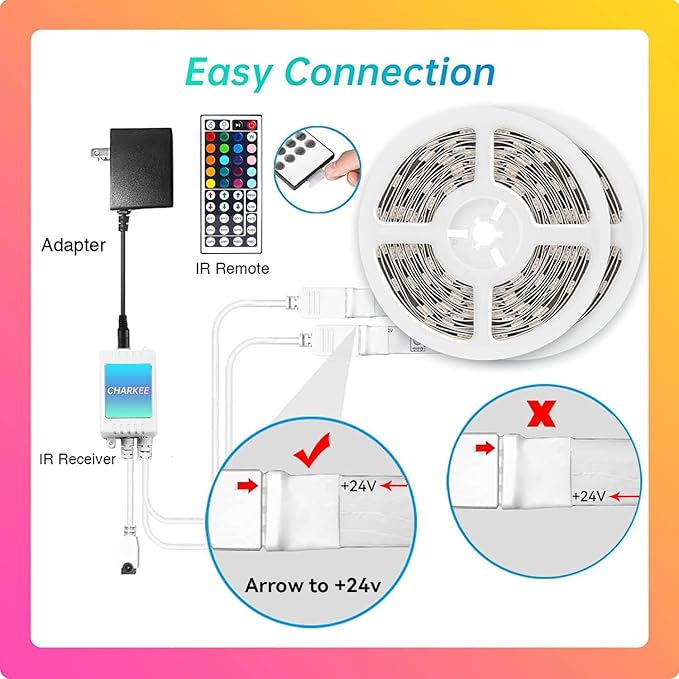 CHARKEE LED Lights for Bedroom 100 ft, Color Changing LED Strip Lights with 44-Key Remote, 24 Volt RGB SMD2835 Tape Lights for Bedroom, Room Decor, Indoor, IG, TikTok, DIY(44key Remote)