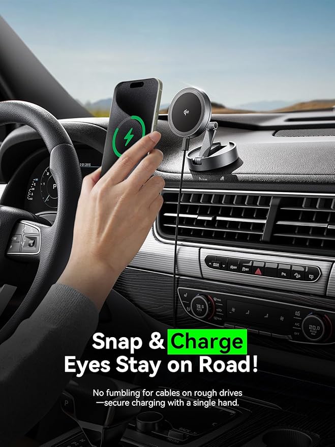 THREEKEY Qi2 Certified MagSafe Car Mount Charger Lite,Car Wireless Charger,15W Magnetic Charger Fast Charging,Retractable Phone Holder with 360°Rotation,Car Mount for iPhone17-12&Galaxy S25 Ultra