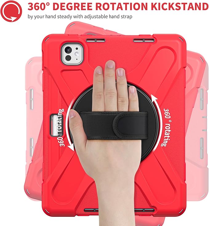 Batianda Case for New iPad Pro 11-inch 2025 M5 2024 M4 Chip Heavy Duty Rugged Durability Silicone Tablet Cover with 360° Rotating Hand Strap Foldable Hidden Stand & Shoulder Strap, Red