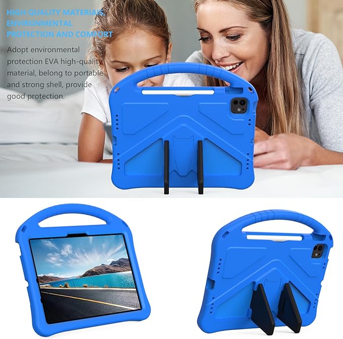 Kids Case for iPad Air 11 inch M4/M3/M2 (2026/2025/2024) with Pencil Holder/Shockproof Handle/Kickstand/Slim Lightweight Soft EVA Foam Folio Stand Tablet Protective Girls Boys Cover, Blue