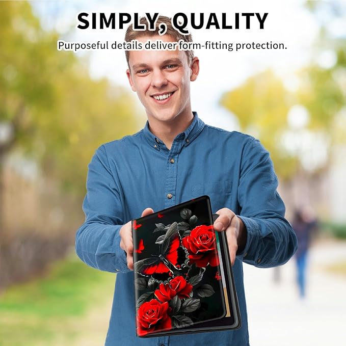 for Amazon Kindle Fire HD 8 & HD 8 Plus(12th/10th Generation, 2024/2022/2020 Release) 8" Tablet Case, Slim Kickstand Stand Leather Smart Cover with Auto Wake/Sleep, Red Rose Butterfly