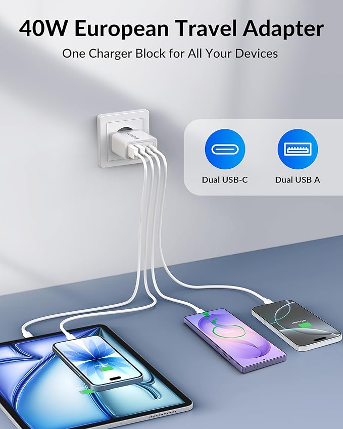European Travel Plug Adapter, 40W 4-Port USB C Wall Charger Plug Type C Fast Charging Block International Power Adaptor US to Europe EU for iPhone 17 16 15 14 13 12 11 Pro Max XS, iPad, Galaxy