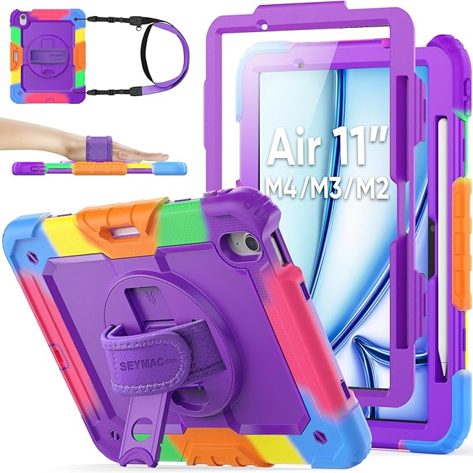 SEYMAC stock Case for iPad Air 11-inch M4-M2 2026-2024 (Gen 8-6), Shockproof Heavy Duty Case with Screen Protector, Pencil Holder, Rotating Stand, Hand Strap, Shoulder Strap, Purple