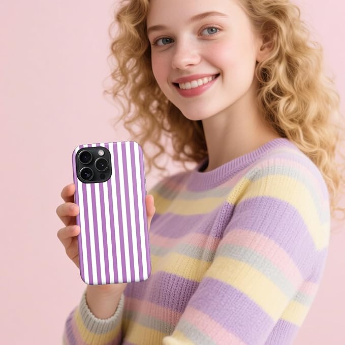 Magnetic for iPhone 16 Case Cute Stripes Phone Case, Shockproof Slim TPU and Hard PC Protective Phone Cover Compatible with MagSafe Designed for Women Girls, Purple