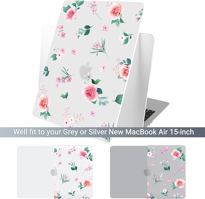 Batianda Premium Case for New MacBook Air 15 inch with M5 M4 M3 M2 Chip 2026 2025 2024 2023 Release, Floral Ultra-Slim 1.2mm Hardshell & Keyboard Cover & Screen Protector 4-in-1 Bundle, Pink Rose