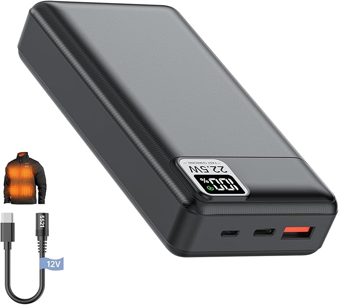 12V Heated Jacket Battery Pack 20000mAh (12V/6.5Ah) for DC5521 Input Milwaukee Dewalt Bosch Makita and Other’s Electric Heating Vests/Hoodies/Jackets/Camping Chair/Seat Cushion/Blanket