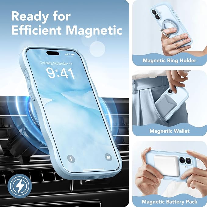 CAPRARO Magnetic for iPhone 17 Case for Women Girls, Upgraded [Full Camera Protection] [Compatible with MagSafe] Cute Wave Translucent Matte Phone Case for iPhone 17, Light Blue