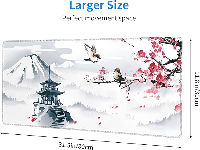 Japanese Pagoda Cherry Blossom Gaming Mouse Pad XL Birds Sakura Branch Mountain Extended Large Desk Cover Table Mat Non-Slip Rubber Base Stitched Edge Long Keyboard Playmat for Gamer,31.5×11.8 in