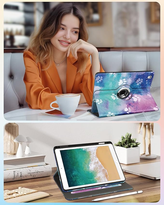 Kidcube for iPad 5th Generation Case 2017/Air 1st 2013/Pro 9.7 Inch Case 2016 - Women Girls Kids Cute Rotating Stand Folio Cover with Pencil Holder & Card Slot Kawaii Cartoon Cool Dogs Design Cover